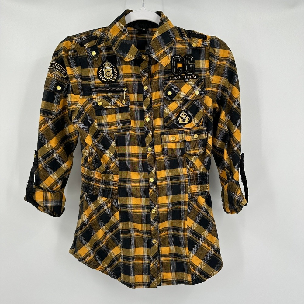 Coogi Womens Y2K Streetwear Top Size M Hip Hop Urman Grunge Metallic Plaid Crest